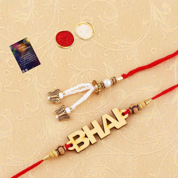 Elegant Bhaiya Rakhi " BHAI" Designe With Designer Bhabhi Rakhi Combo With Roli Chawal And Greeting Card